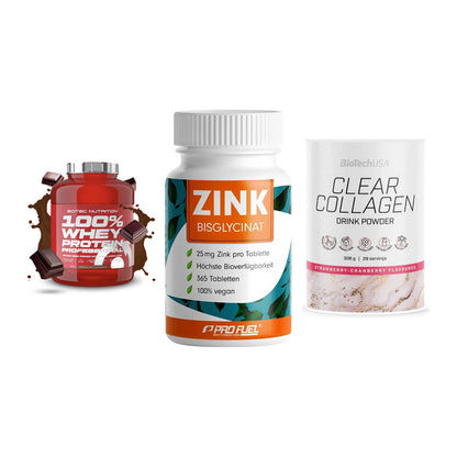 Regenerations-Set: Scitec 100% + ProFuel Zink + BioTech Clear – alle enthaltenen Artikel