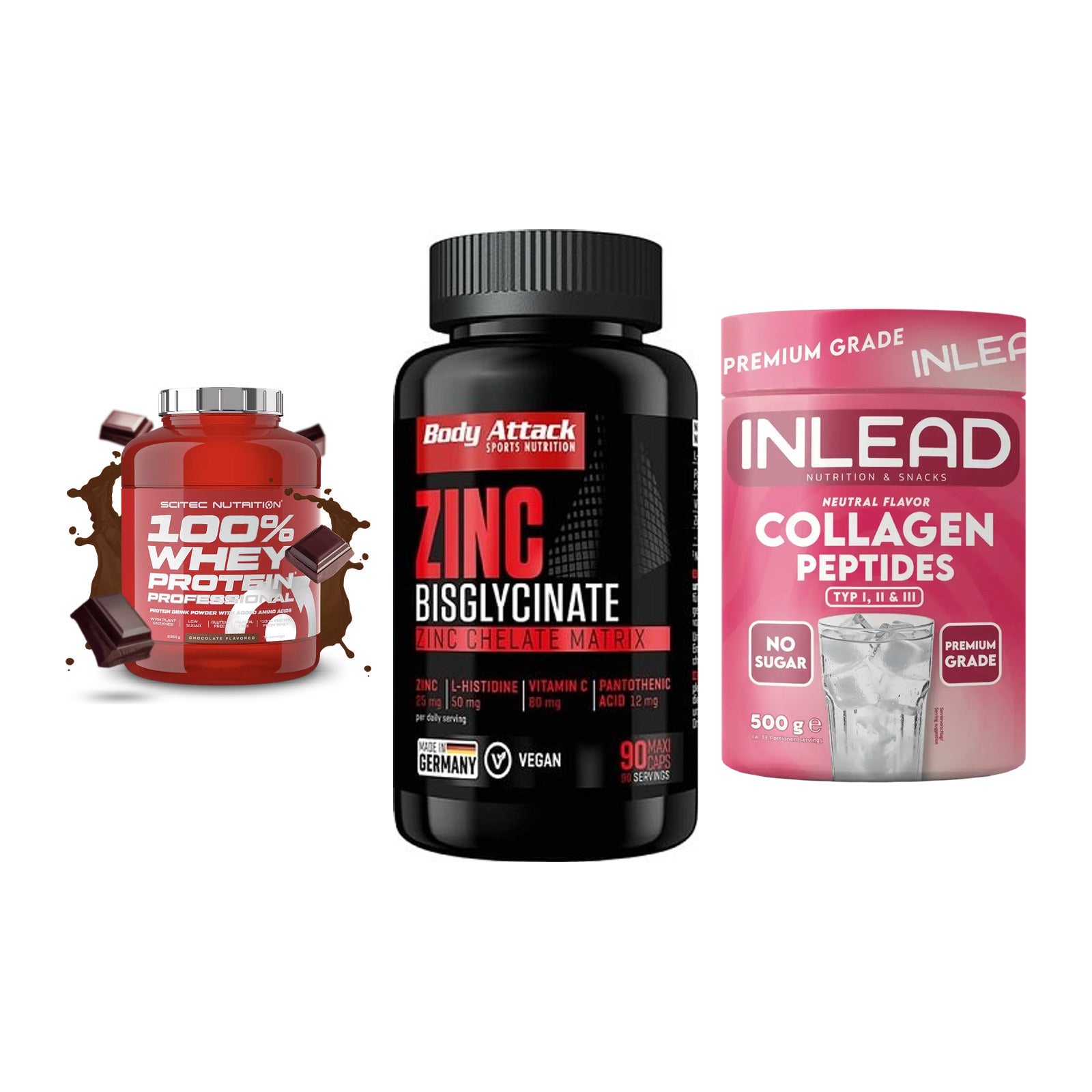 Regenerations-Set: Scitec 100% + Body Attack + INLEAD Collagen – alle enthaltenen Artikel