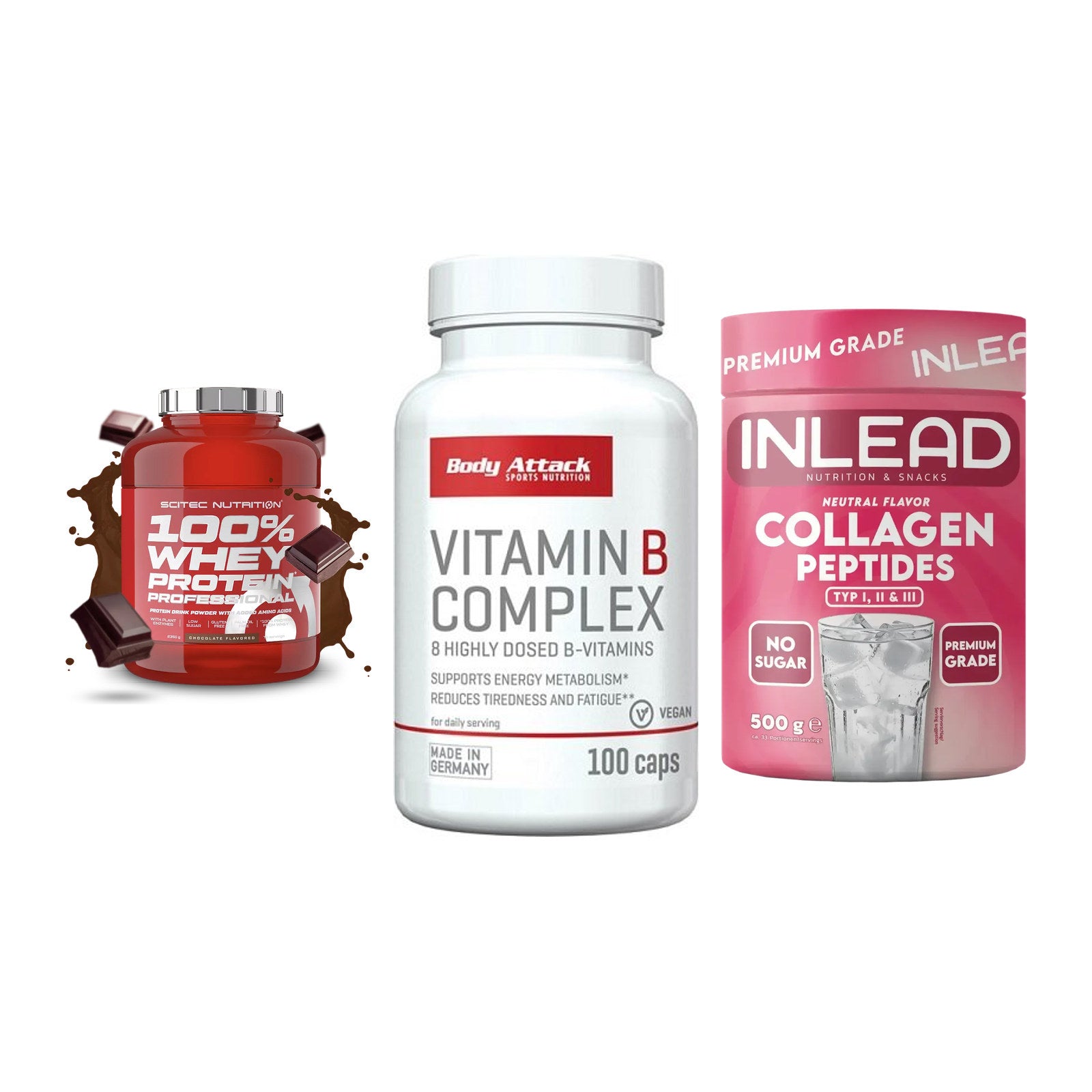Regenerations-Set: Scitec 100% + Body Attack + INLEAD Collagen – alle enthaltenen Artikel