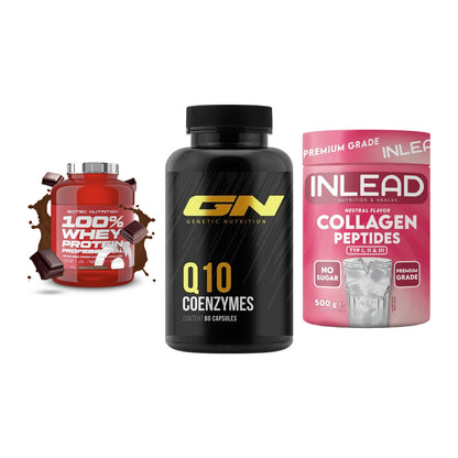 Regenerations-Set: Scitec 100% + GN Q10 Health + INLEAD Collagen – alle enthaltenen Artikel