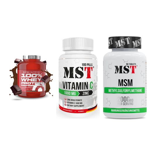 Regenerations-Set: Scitec 100% + MST Vitamin C + MST MSM 2000 / – alle enthaltenen Artikel