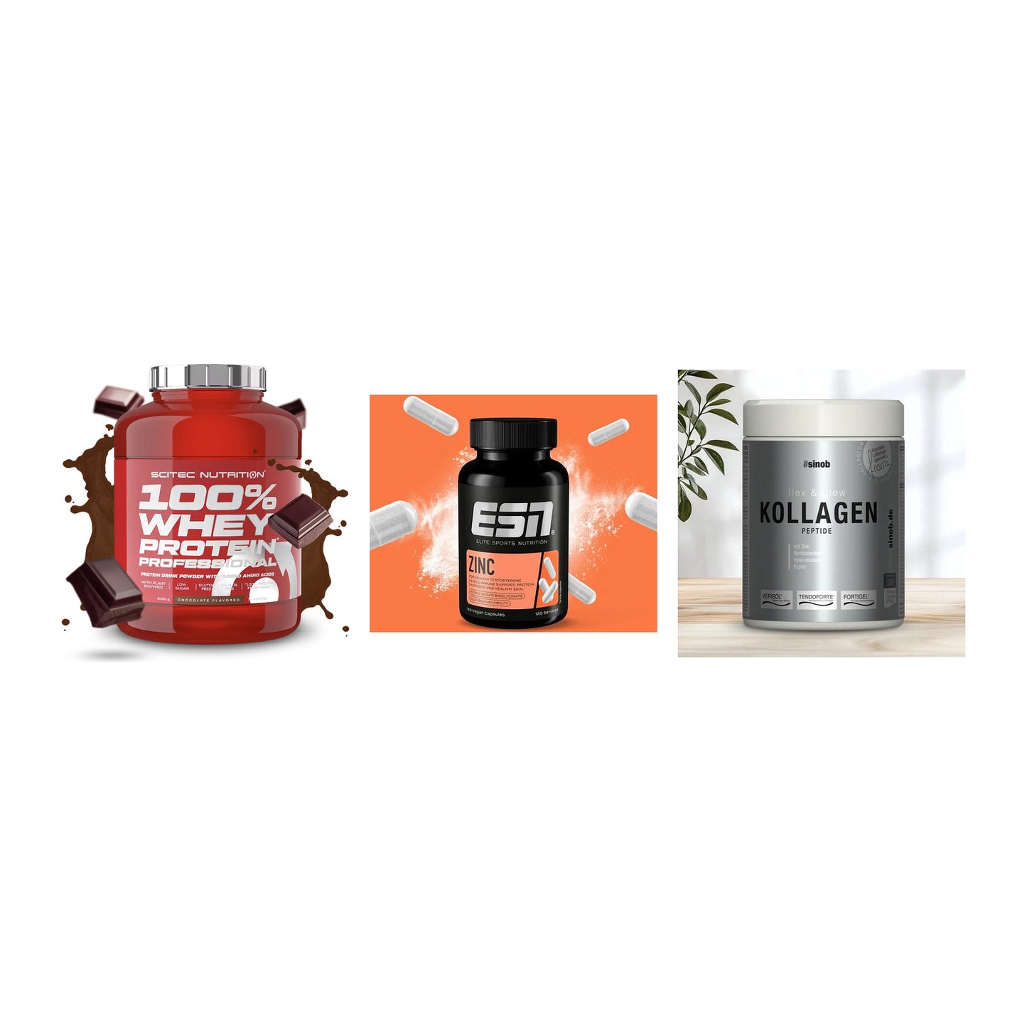Regenerations-Set: Scitec 100% + ESN Zinc + Sinob Kollagen – alle enthaltenen Artikel