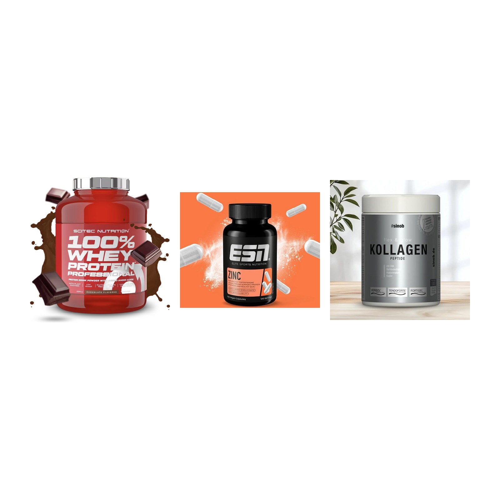 Regenerations-Set: Scitec 100% + ESN Zinc + Sinob Kollagen – alle enthaltenen Artikel