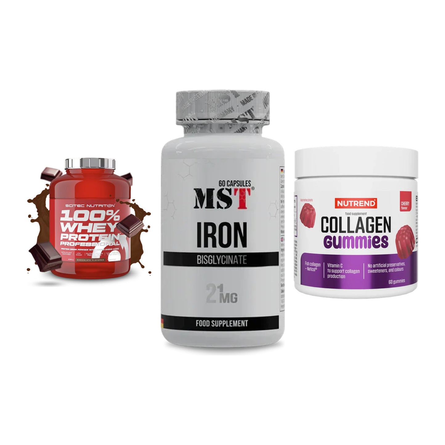Regenerations-Set: Scitec 100% + MST Iron + Nutrend Collage – alle enthaltenen Artikel