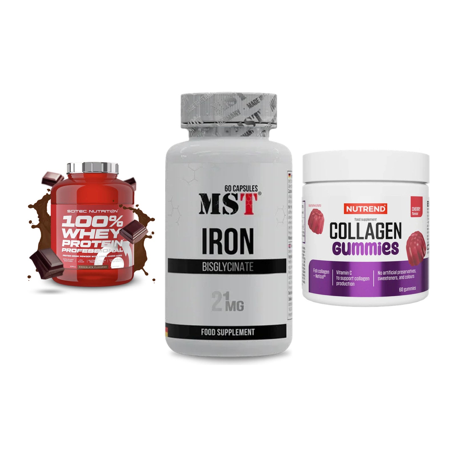 Regenerations-Set: Scitec 100% + MST Iron + Nutrend Collage – alle enthaltenen Artikel