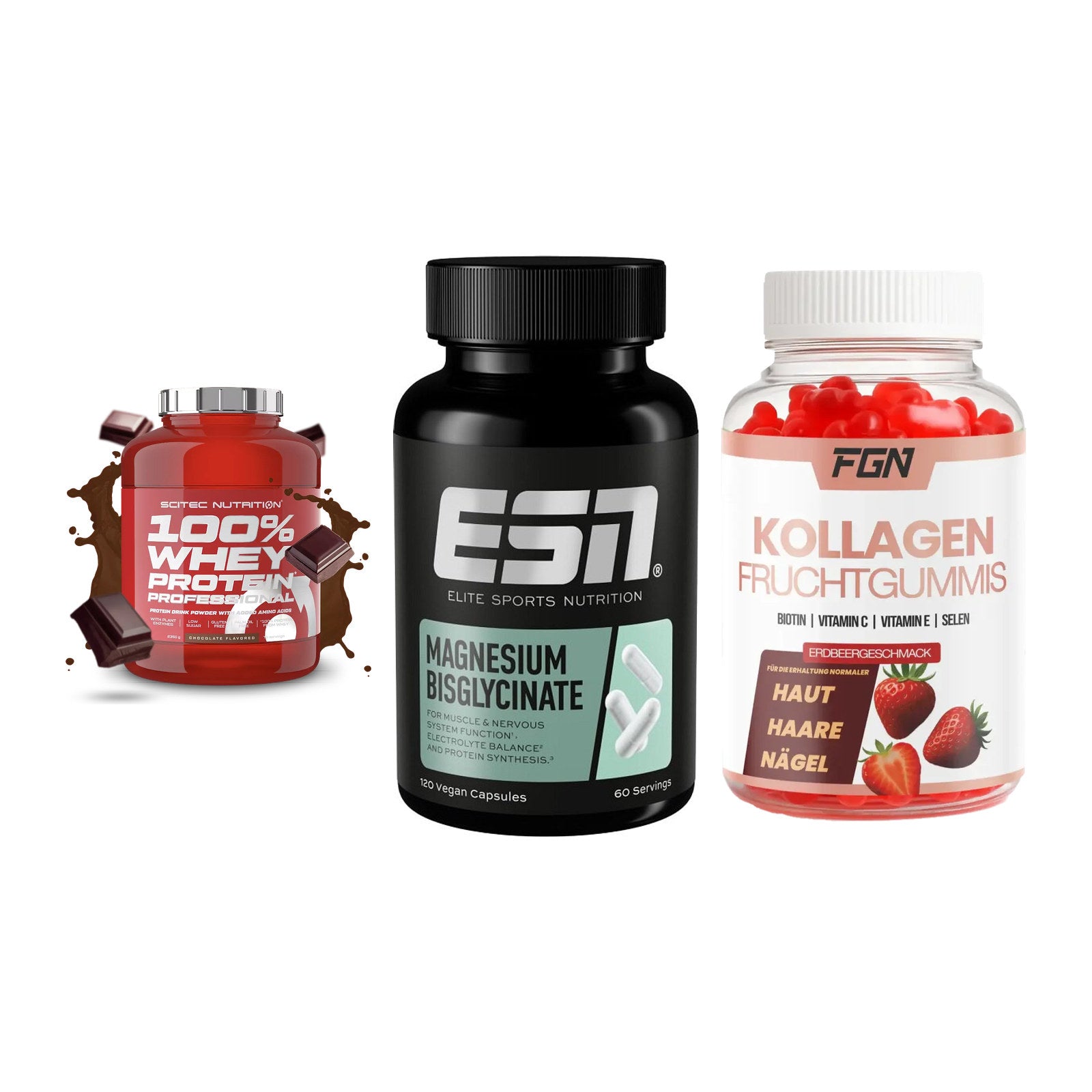 Regenerations-Set: Scitec 100% + ESN Magnesium + FGN Kollagen 60 – alle enthaltenen Artikel
