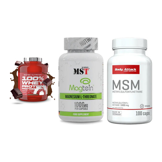 Regenerations-Set: Scitec 100% + MST Magnesium + Body Attack MSM – alle enthaltenen Artikel
