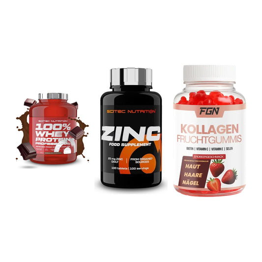 Regenerations-Set: Scitec 100% + Scitec Zinc + FGN Kollagen 60 – alle enthaltenen Artikel