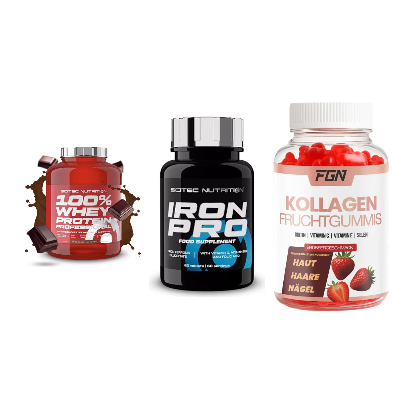 Regenerations-Set: Scitec 100% + Scitec Iron Pro + FGN Kollagen 60 – alle enthaltenen Artikel