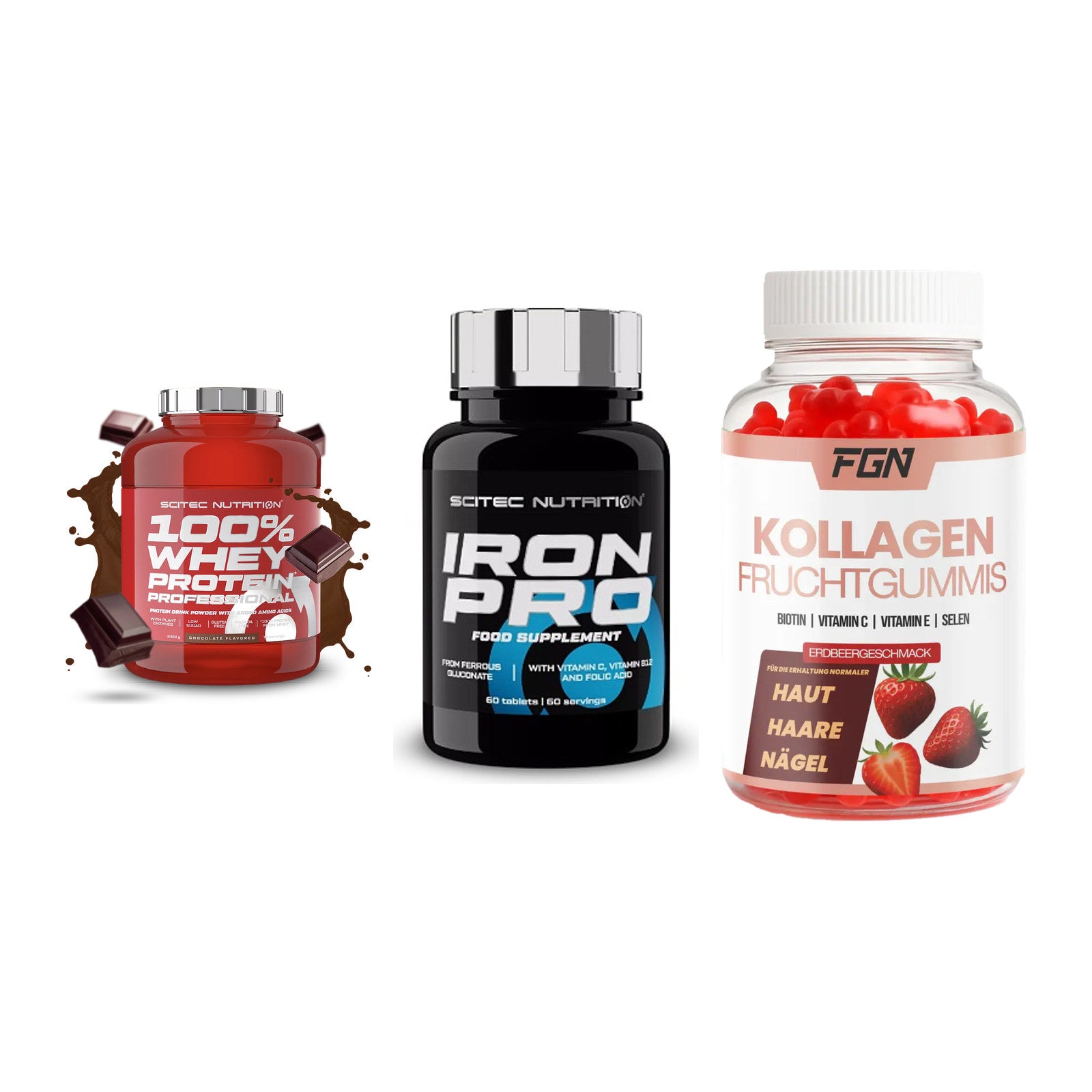 Regenerations-Set: Scitec 100% + Scitec Iron Pro + FGN Kollagen 60 – alle enthaltenen Artikel