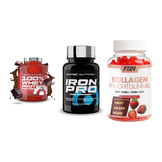 Regenerations-Set: Scitec 100% + Scitec Iron Pro + FGN Kollagen 60 – alle enthaltenen Artikel