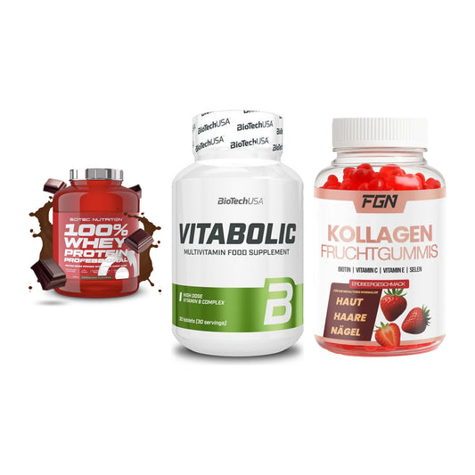 Regenerations-Set: Scitec 100% + BioTech Vitabol + FGN Kollagen 60 – alle enthaltenen Artikel