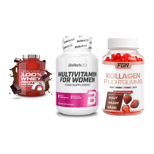 Regenerations-Set: Scitec 100% + BioTech Multivi + FGN Kollagen 60 – alle enthaltenen Artikel