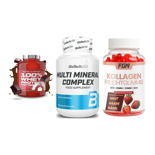 Regenerations-Set: Scitec 100% + BioTech Multi + FGN Kollagen 60 – alle enthaltenen Artikel