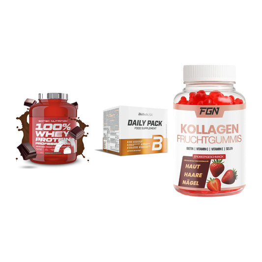 Regenerations-Set: Scitec 100% + BioTech Daily + FGN Kollagen 60 – alle enthaltenen Artikel