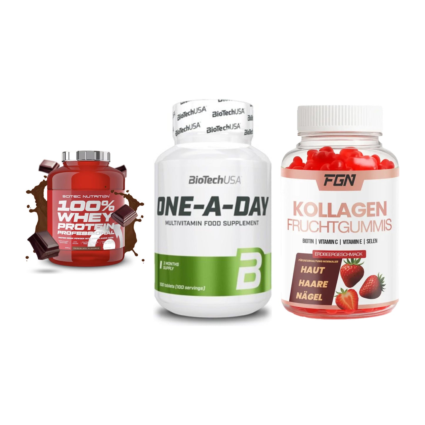 Regenerations-Set: Scitec 100% + BioTech One A + FGN Kollagen 60 – alle enthaltenen Artikel