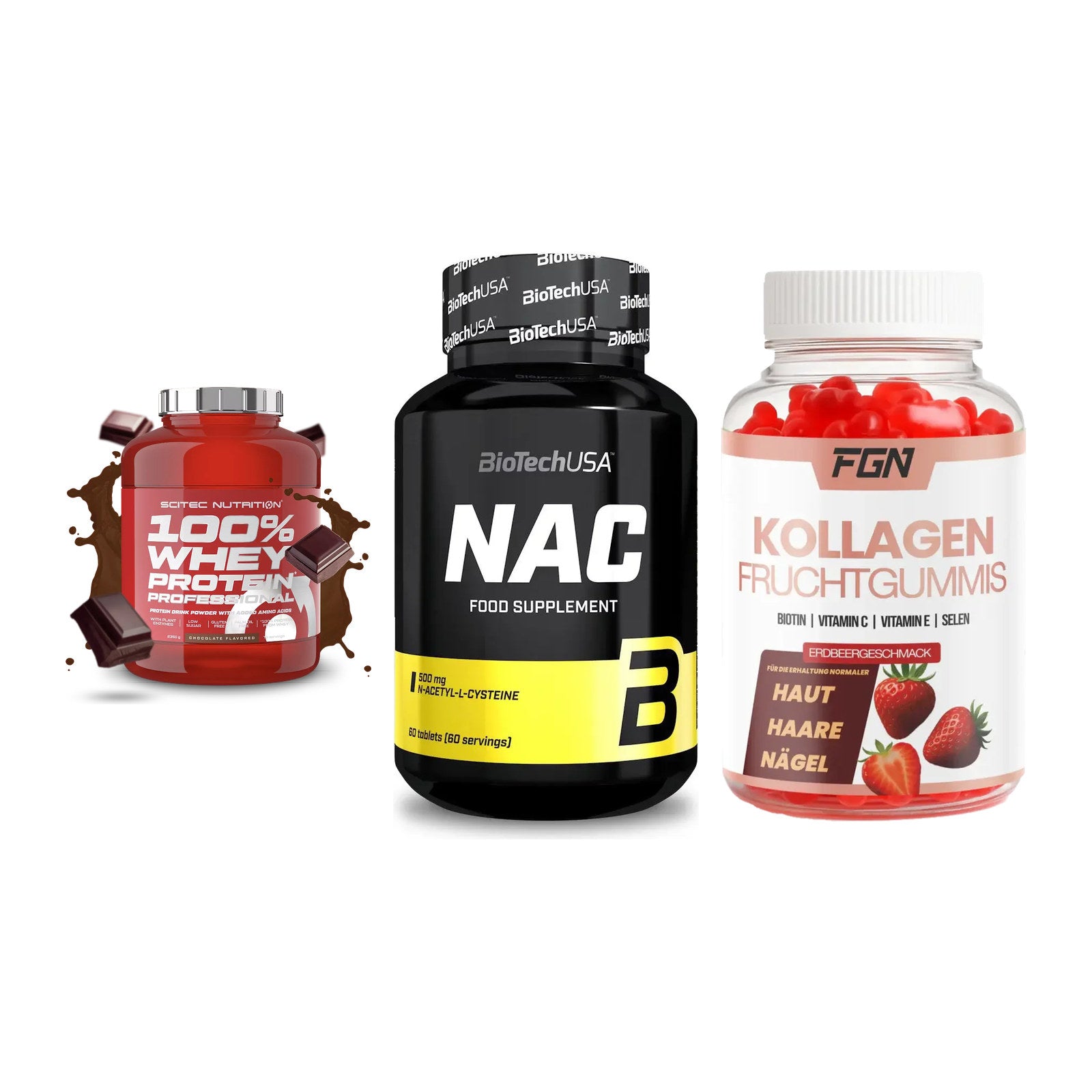 Regenerations-Set: Scitec 100% + BioTech NAC + FGN Kollagen 60 – alle enthaltenen Artikel