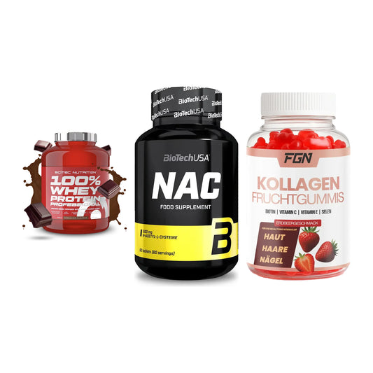 Regenerations-Set: Scitec 100% + BioTech NAC + FGN Kollagen 60 – alle enthaltenen Artikel