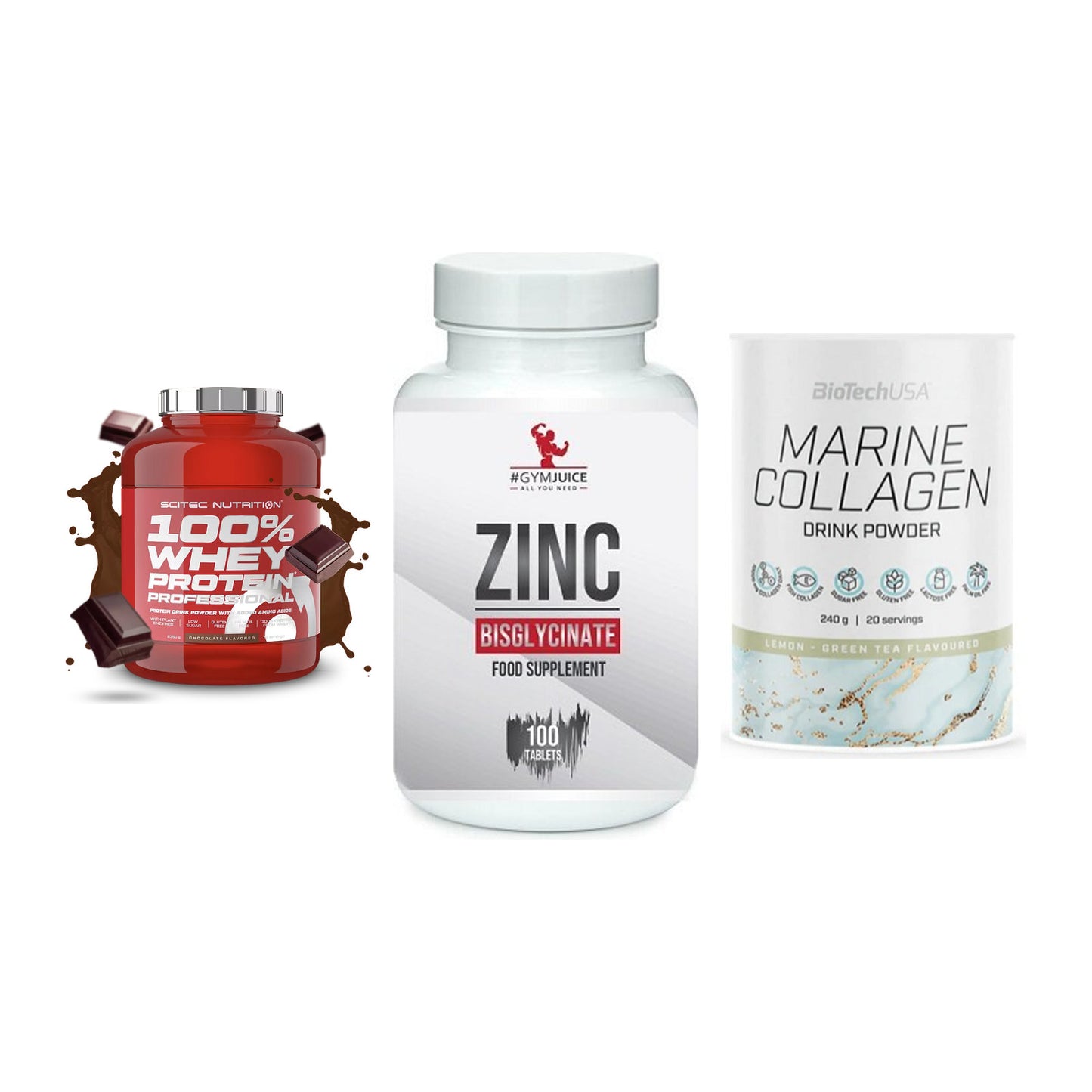 Regenerations-Set: Scitec 100% + #GYMJUICE ZINC + BioTech Marine – alle enthaltenen Artikel