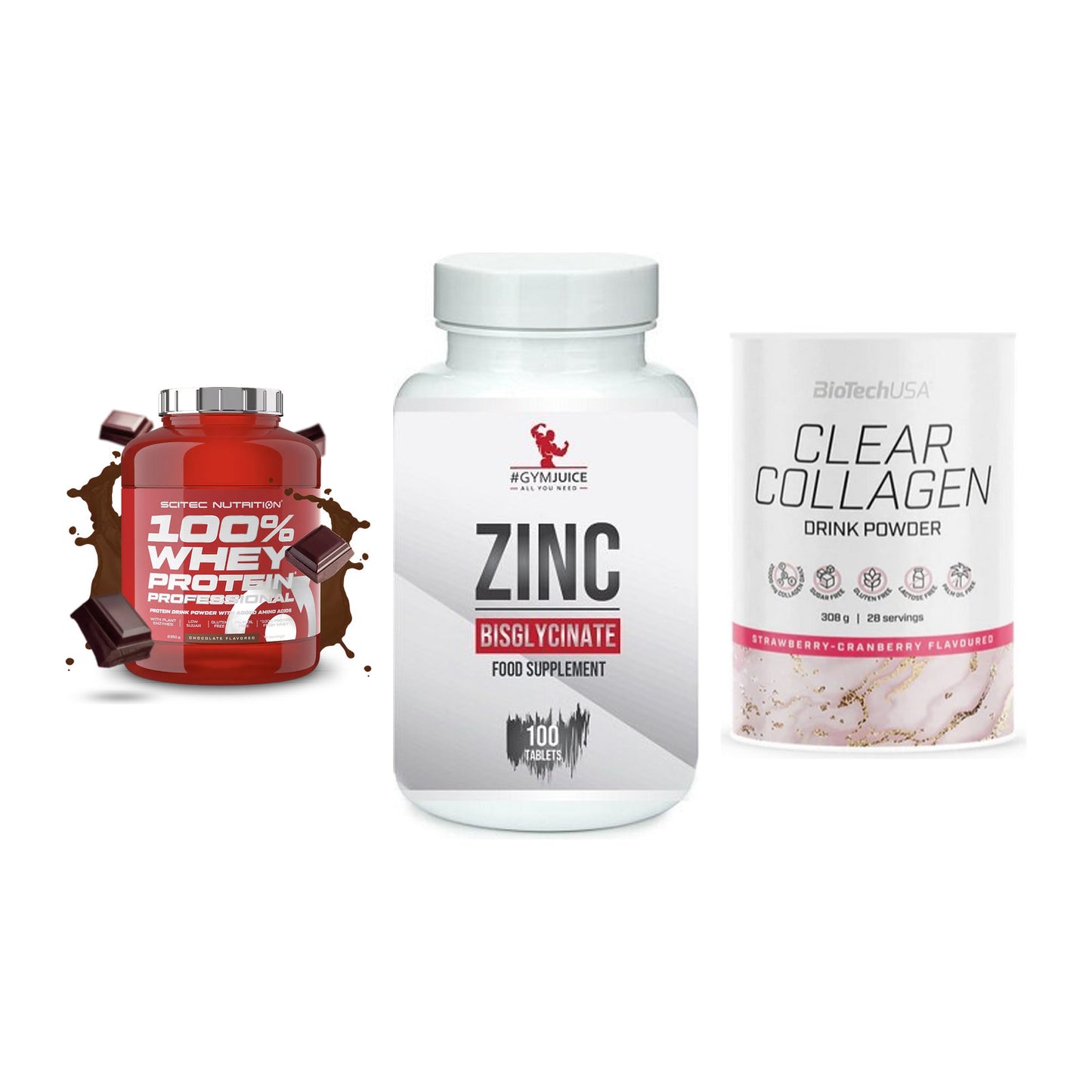 Regenerations-Set: Scitec 100% + #GYMJUICE ZINC + BioTech Clear – alle enthaltenen Artikel