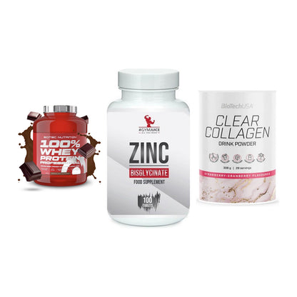 Regenerations-Set: Scitec 100% + #GYMJUICE ZINC + BioTech Clear – alle enthaltenen Artikel