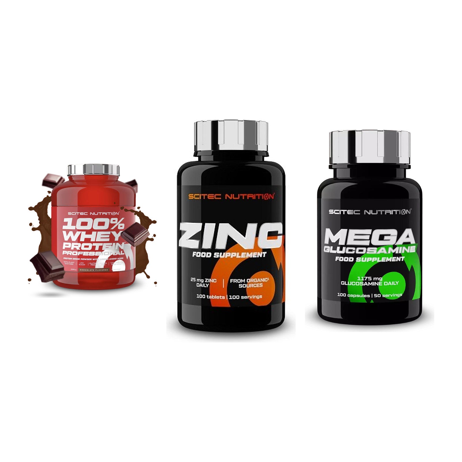 Regenerations-Set: Scitec 100% + Scitec Zinc + Scitec Mega – alle enthaltenen Artikel