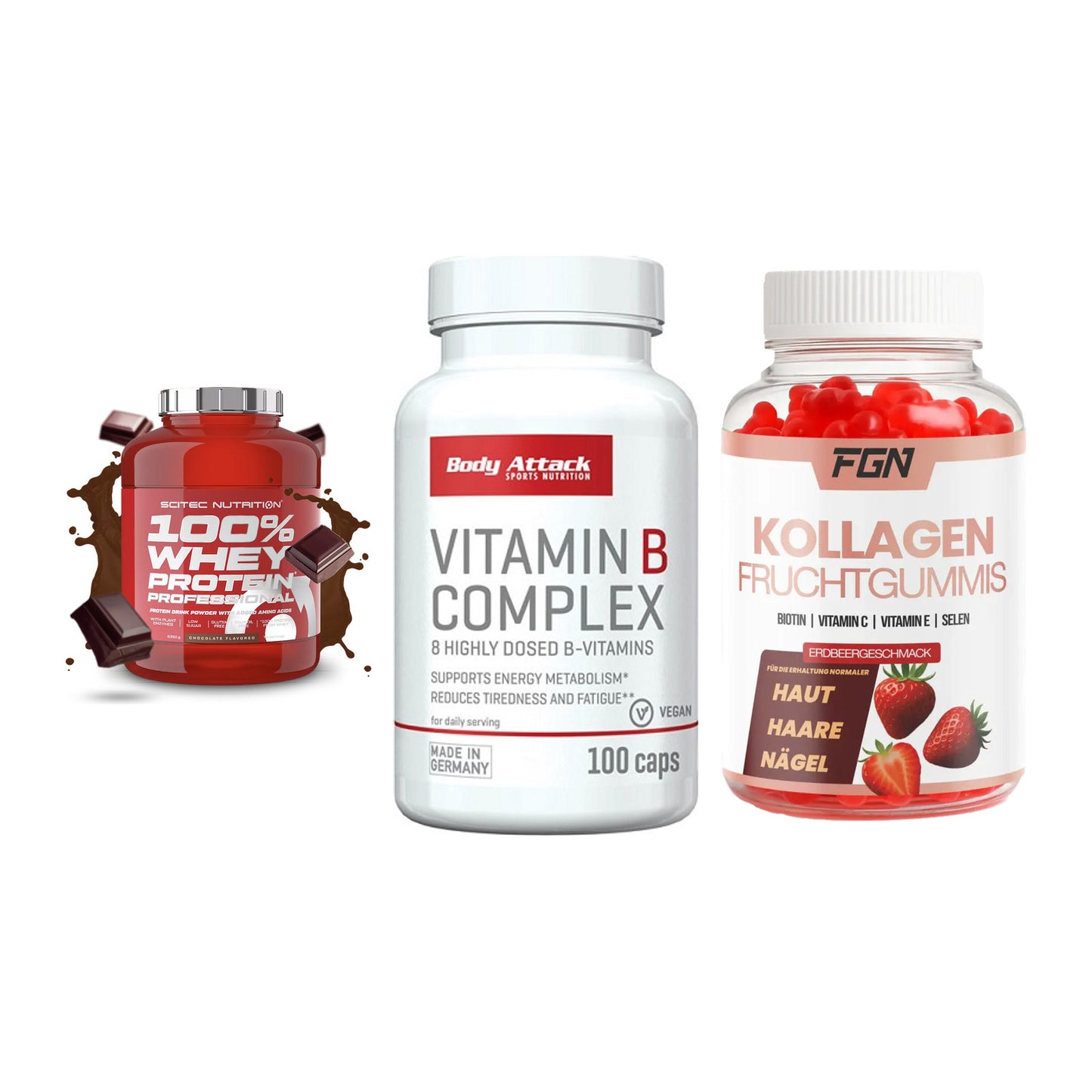 Regenerations-Set: Scitec 100% + Body Attack + FGN Kollagen 60 – alle enthaltenen Artikel