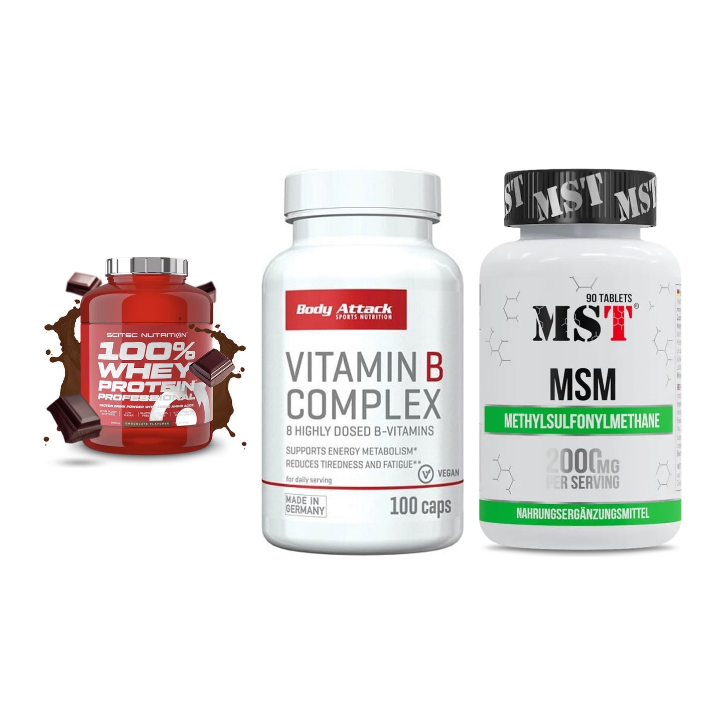 Regenerations-Set: Scitec 100% + Body Attack + MST MSM 2000 / – alle enthaltenen Artikel