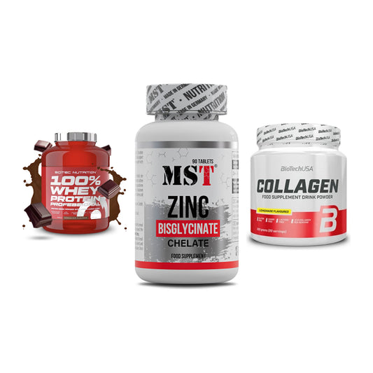 Regenerations-Set: Scitec 100% + MST Zinc + BioTech Collage – alle enthaltenen Artikel