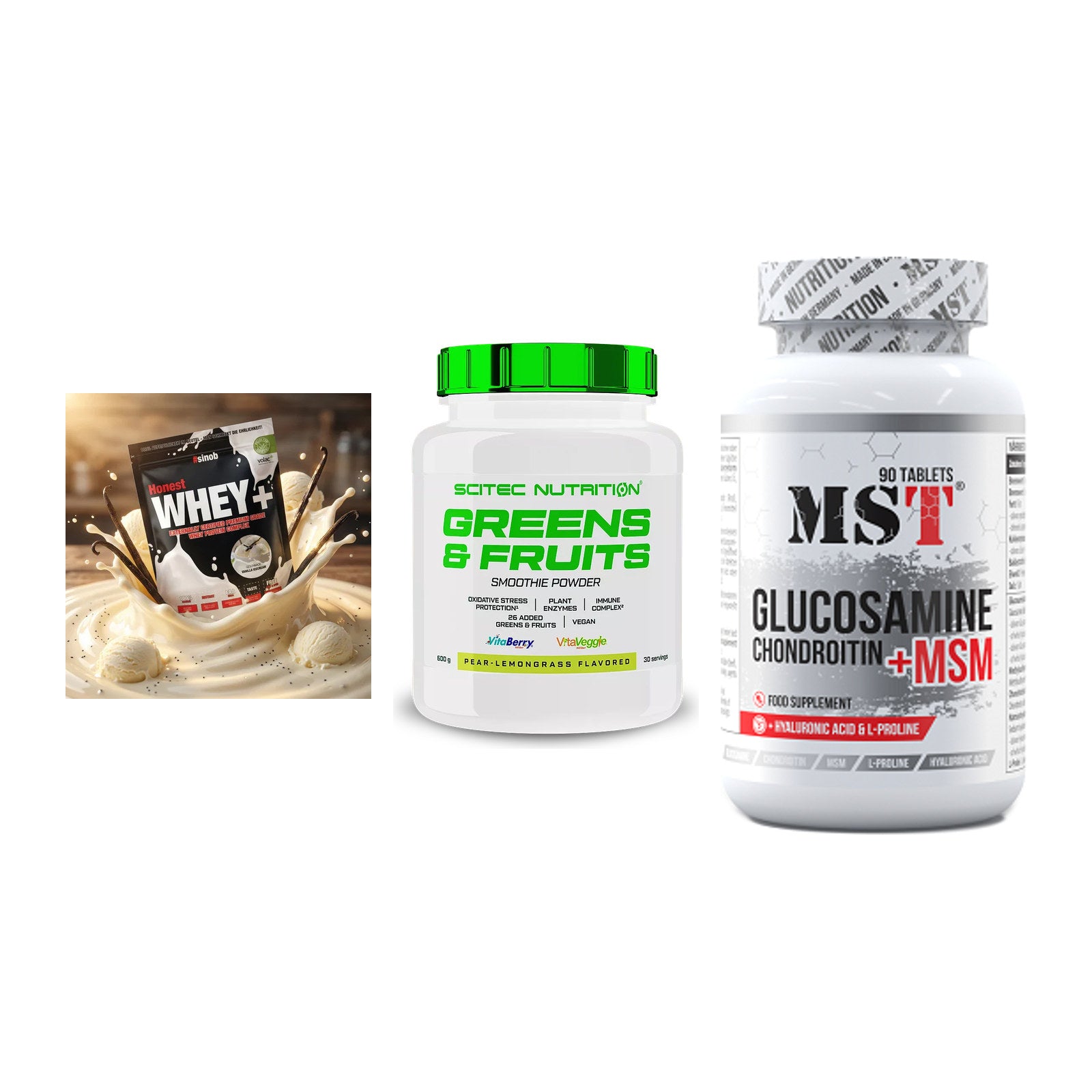 Regenerations-Set: Sinob Honest + Scitec Greens + MST Glucosamine – alle enthaltenen Artikel