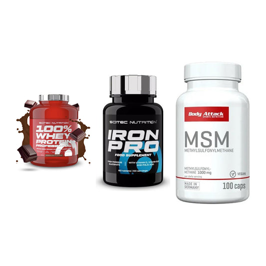 Regenerations-Set: Scitec 100% + Scitec Iron Pro + Body Attack MSM – alle enthaltenen Artikel