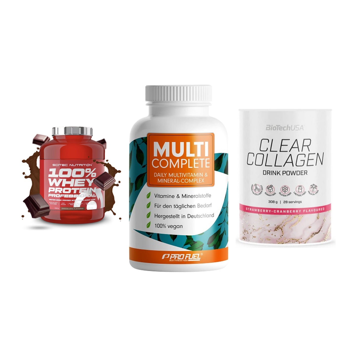 Regenerations-Set: Scitec 100% + ProFuel MULTI + BioTech Clear – alle enthaltenen Artikel
