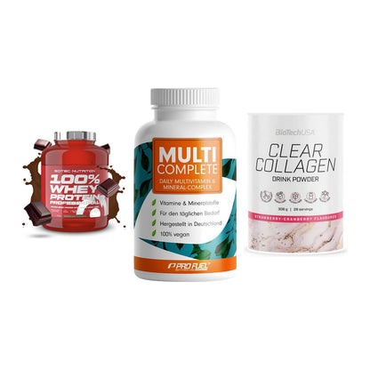 Regenerations-Set: Scitec 100% + ProFuel MULTI + BioTech Clear – alle enthaltenen Artikel