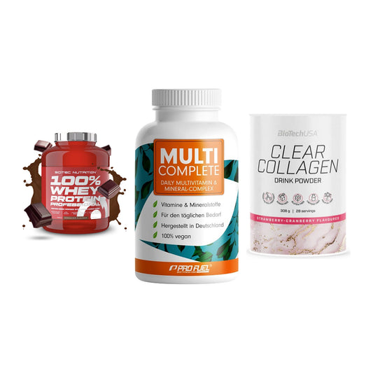 Regenerations-Set: Scitec 100% + ProFuel MULTI + BioTech Clear – alle enthaltenen Artikel