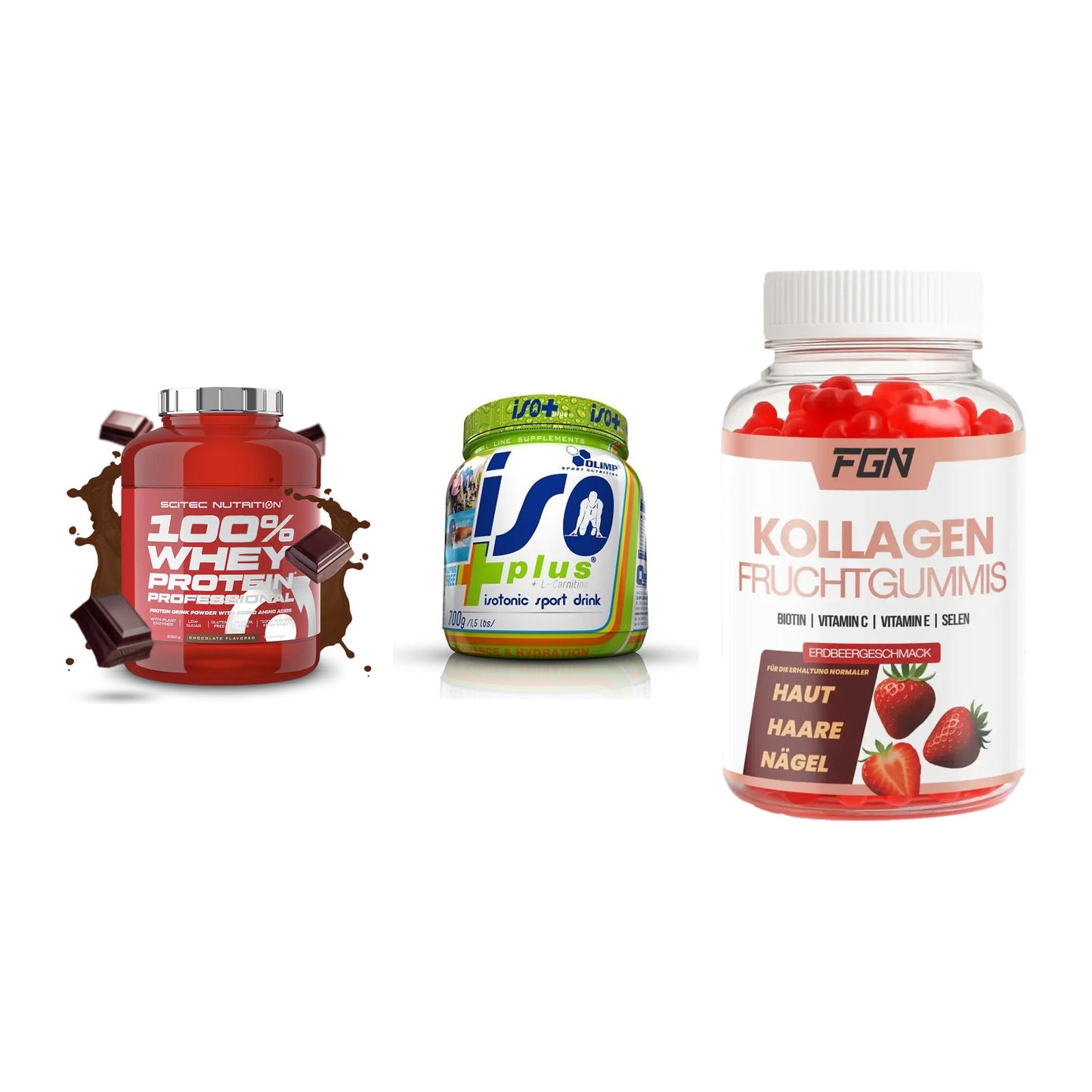 Regenerations-Set: Scitec 100% + Olimp Iso Plus + FGN Kollagen 60 – alle enthaltenen Artikel