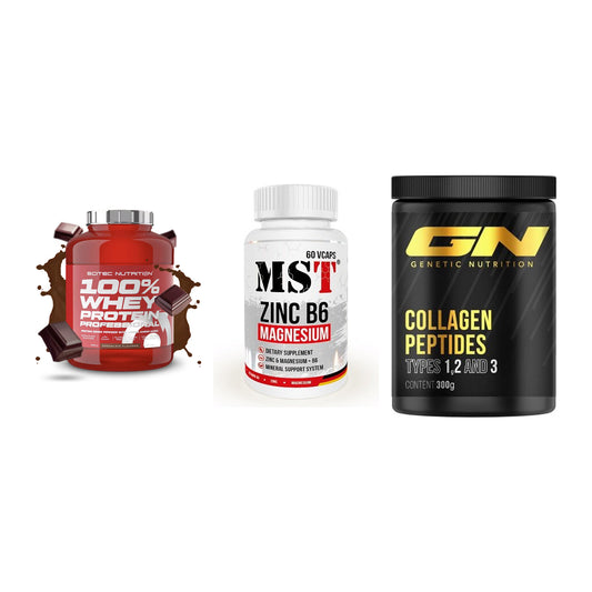 Regenerations-Set: Scitec 100% + MST Zinc + GN Peptan – alle enthaltenen Artikel