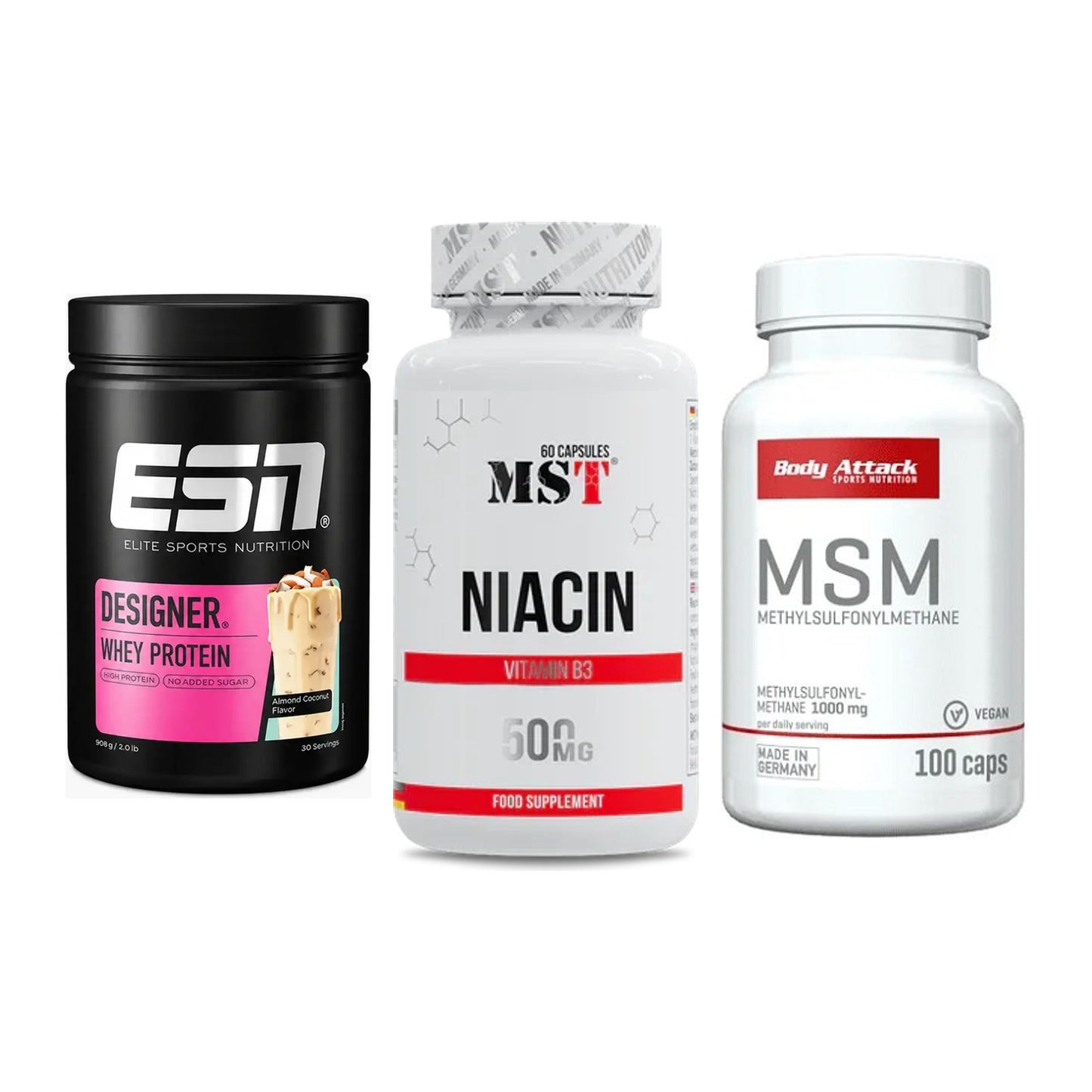 Regenerations-Set: ESN Designer Whey + MST Niacin + Body Attack MSM – alle enthaltenen Artikel
