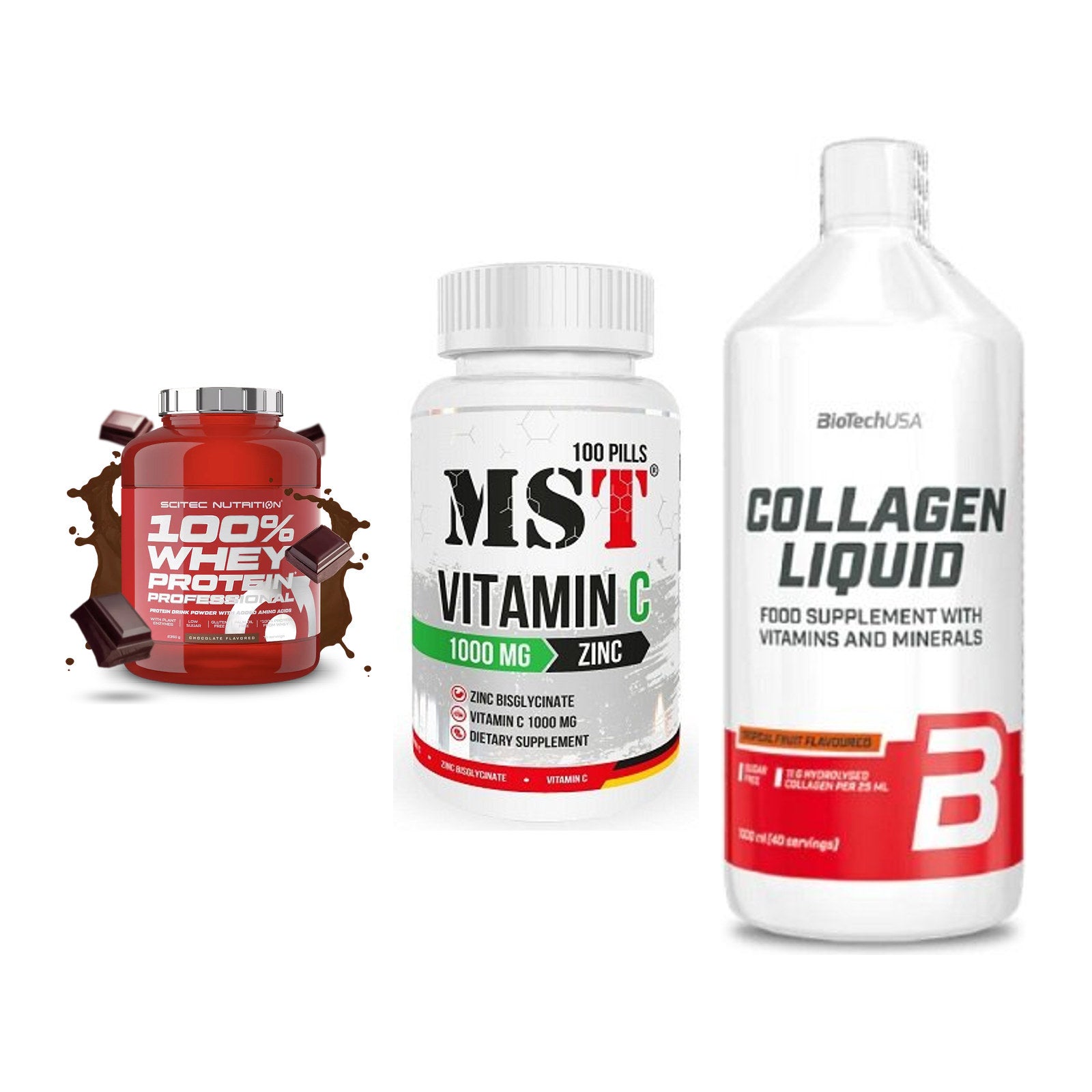 Regenerations-Set: Scitec 100% + MST Vitamin C + BioTech Collage – alle enthaltenen Artikel
