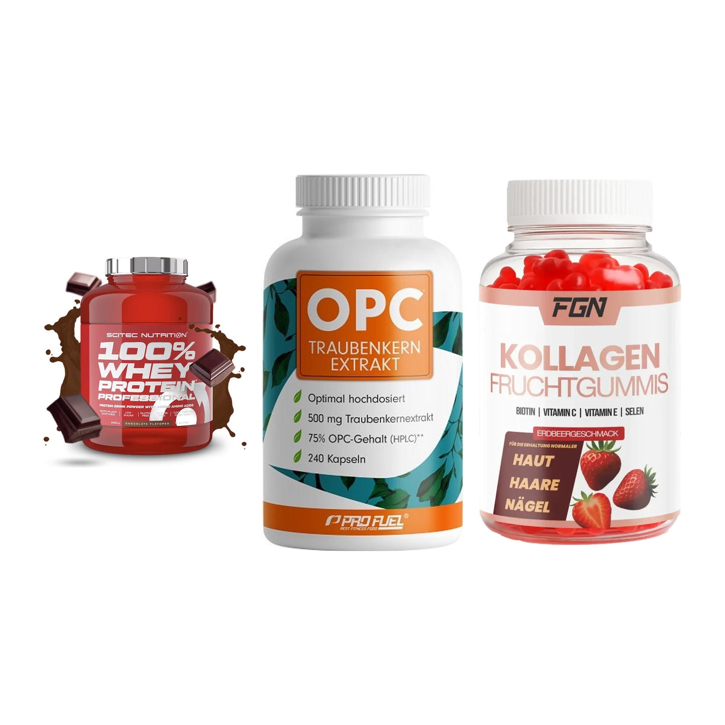 Regenerations-Set: Scitec 100% + ProFuel OPC + FGN Kollagen 60 – alle enthaltenen Artikel