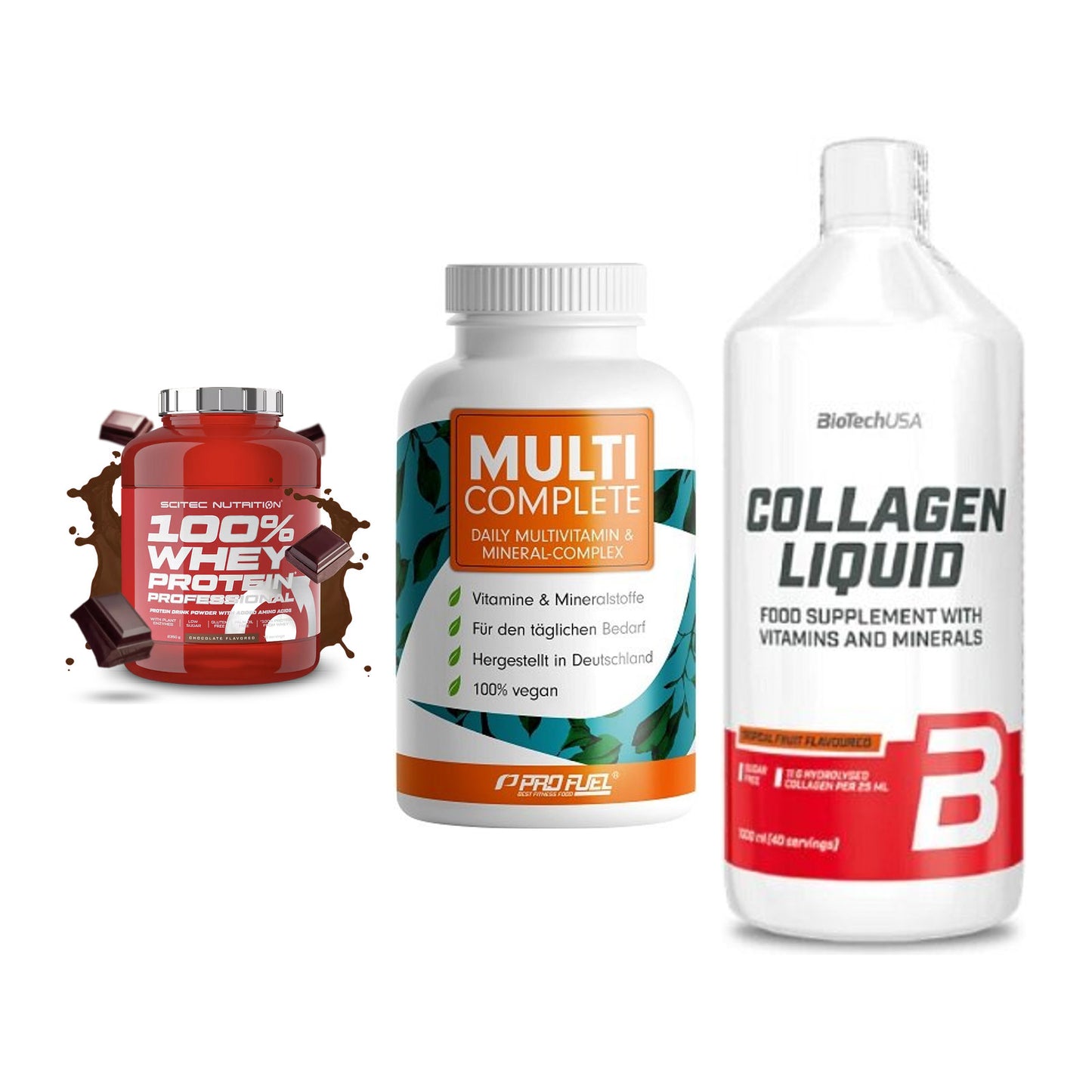Regenerations-Set: Scitec 100% + ProFuel MULTI + BioTech Collage – alle enthaltenen Artikel