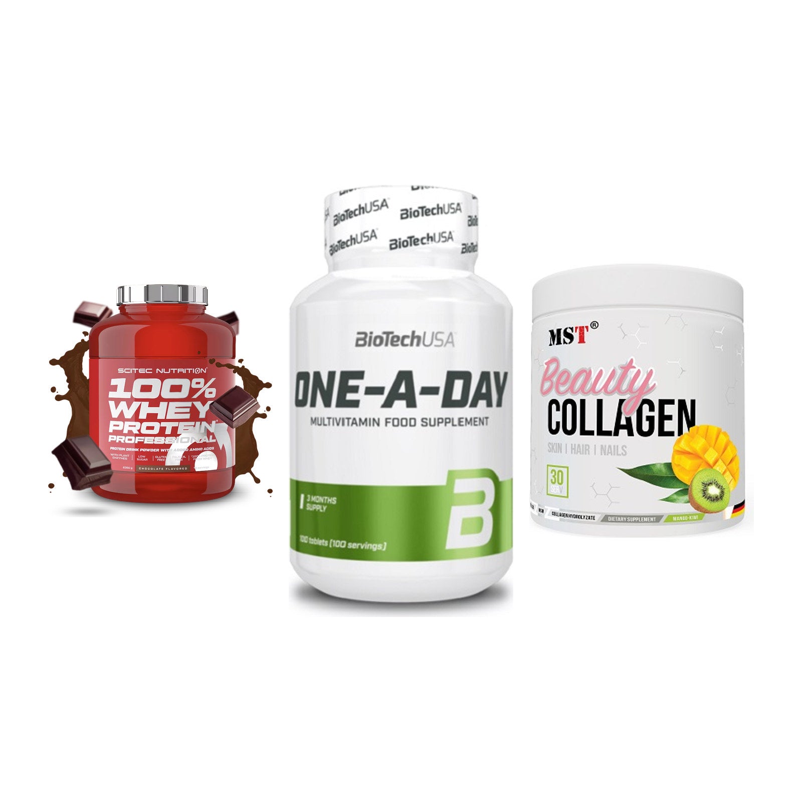 Regenerations-Set: Scitec 100% + BioTech One A + MST Beauty – alle enthaltenen Artikel