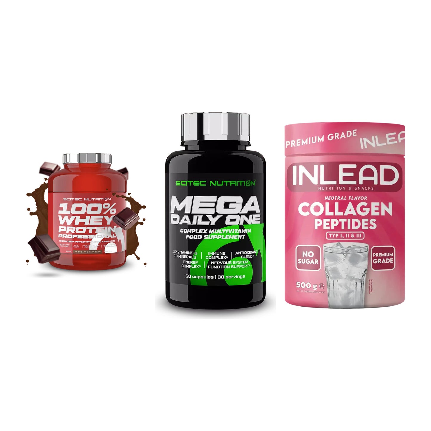 Regenerations-Set: Scitec 100% + Scitec Mega + INLEAD Collagen – alle enthaltenen Artikel