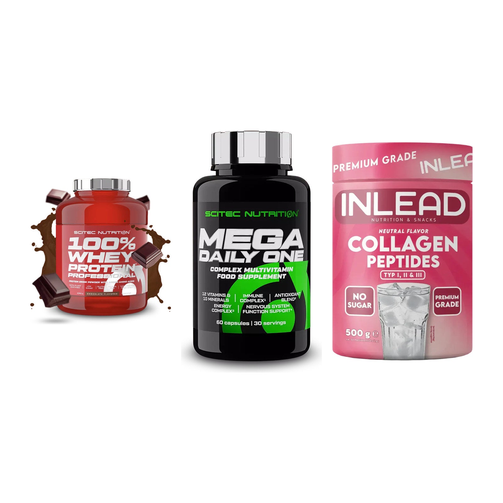 Regenerations-Set: Scitec 100% + Scitec Mega + INLEAD Collagen – alle enthaltenen Artikel