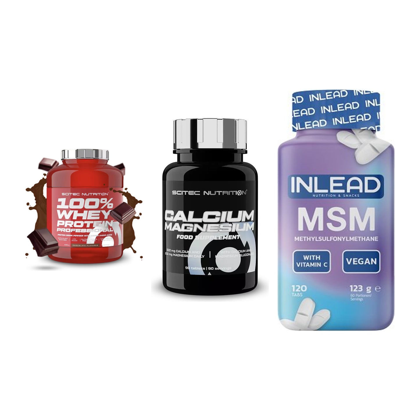 Regenerations-Set: Scitec 100% + Scitec Calcium + INLEAD MSM – alle enthaltenen Artikel