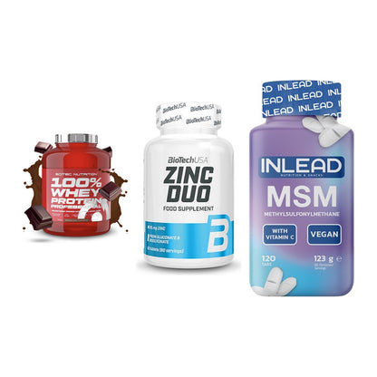 Regenerations-Set: Scitec 100% + BioTech Zinc + INLEAD MSM – alle enthaltenen Artikel