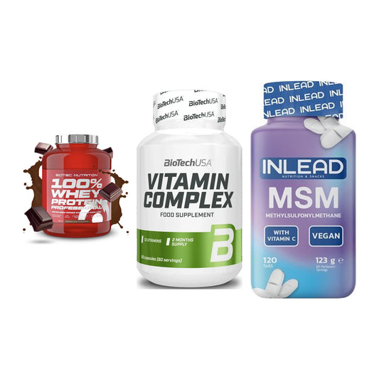 Regenerations-Set: Scitec 100% + BioTech Vitamin + INLEAD MSM – alle enthaltenen Artikel