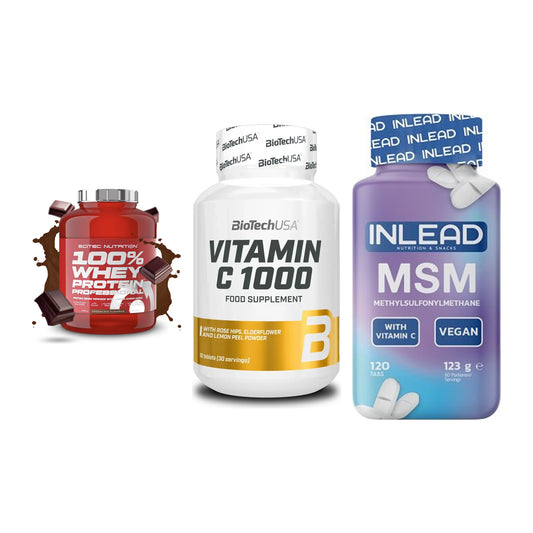 Regenerations-Set: Scitec 100% + BioTech Vitamin + INLEAD MSM – alle enthaltenen Artikel