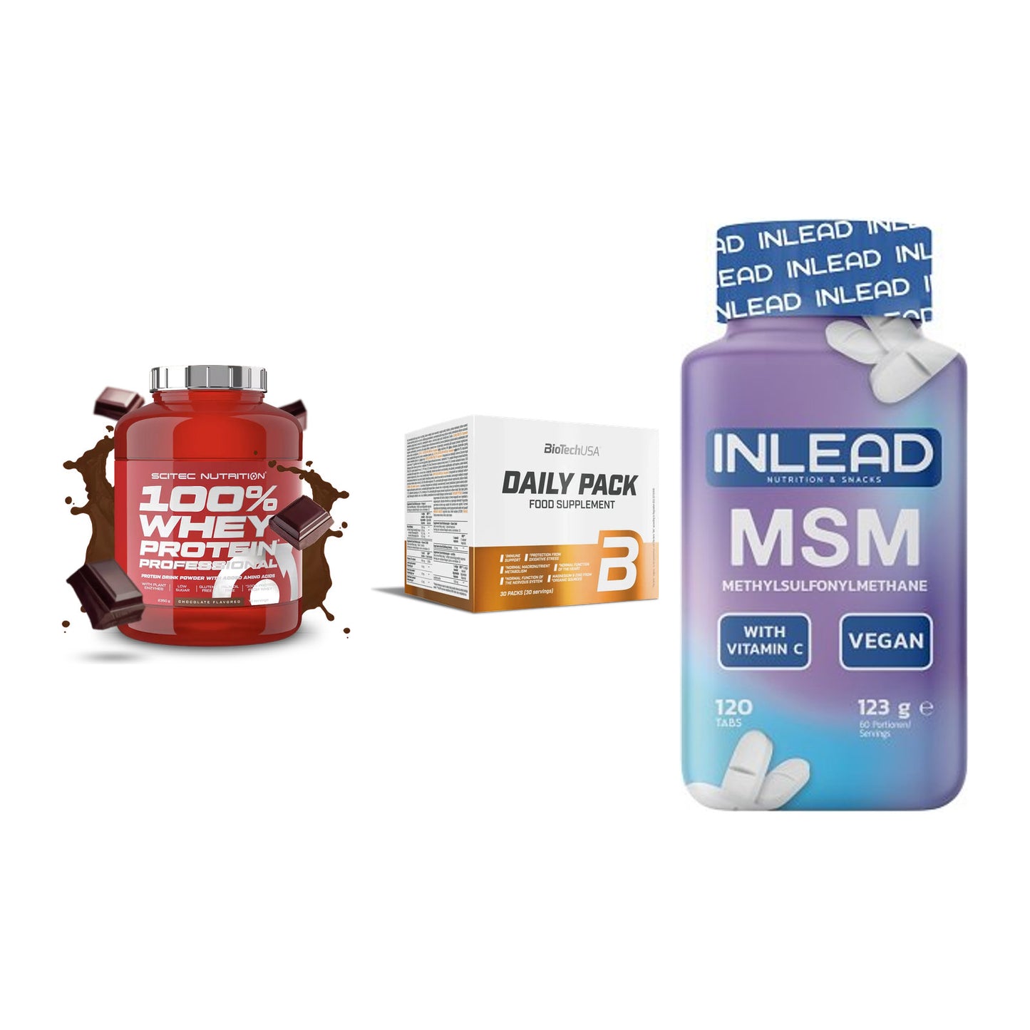 Regenerations-Set: Scitec 100% + BioTech Daily + INLEAD MSM – alle enthaltenen Artikel