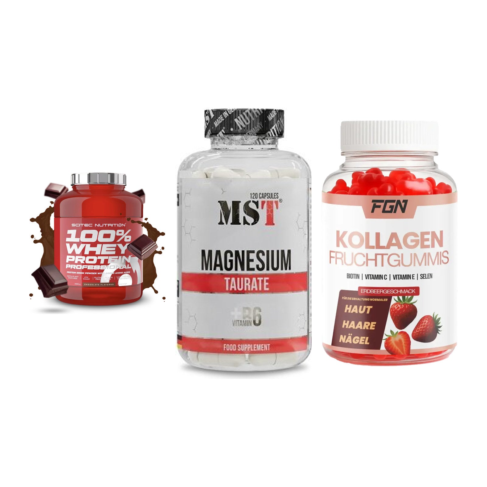 Regenerations-Set: Scitec 100% + MST Magnesium + FGN Kollagen 60 – alle enthaltenen Artikel