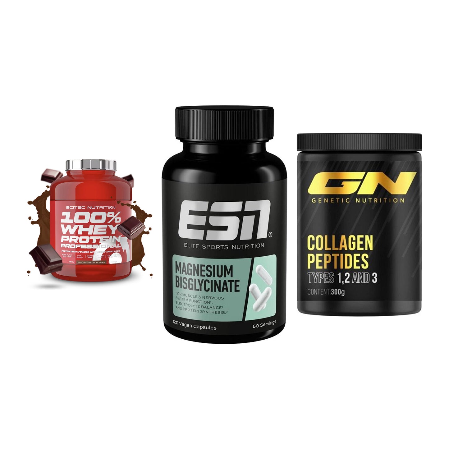 Regenerations-Set: Scitec 100% + ESN Magnesium + GN Peptan – alle enthaltenen Artikel